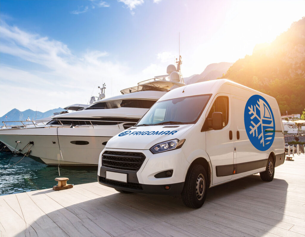 marina with yacht and Frigomar service ready for action
