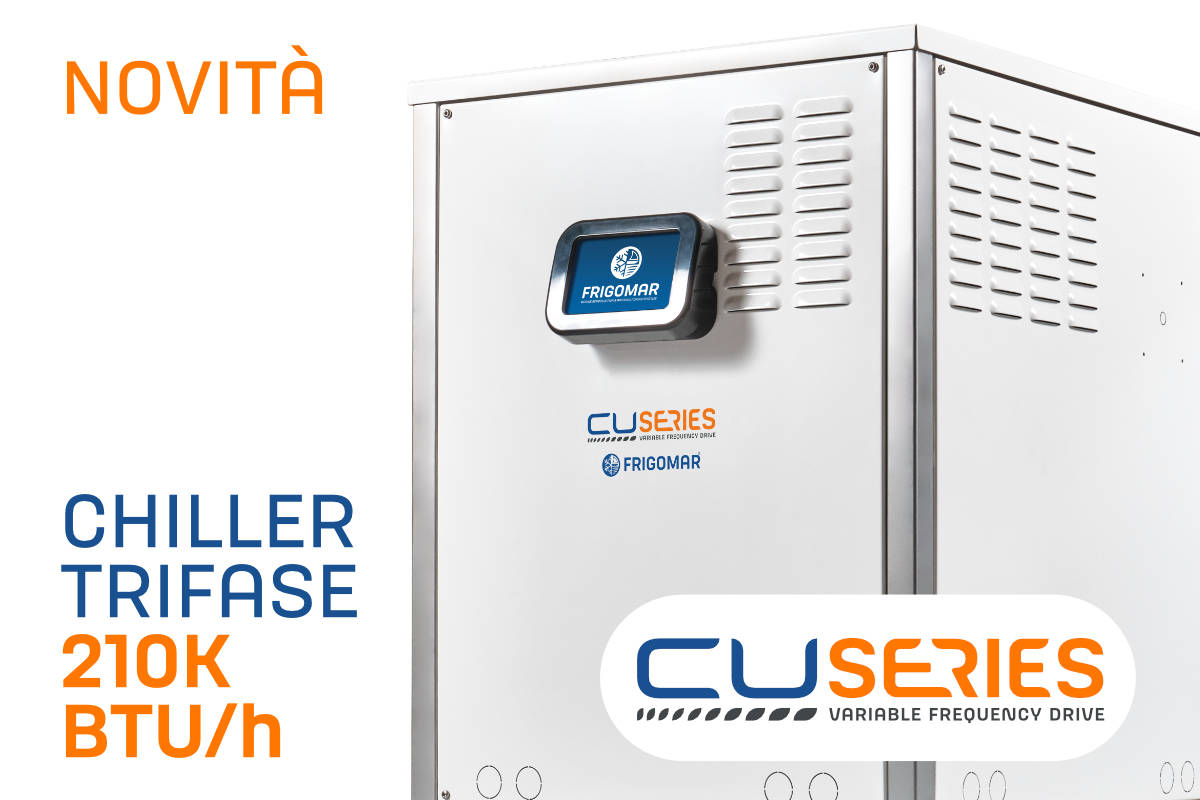 Chiller marino trifase FRIGOMAR CU210 della Serie CU, potenza 210.000 BTU/h con tecnologia Variable Frequency Drive